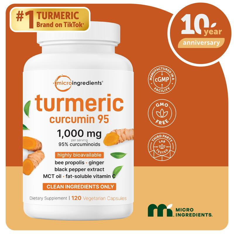 Micro Ingredients Turmeric Curcumin 1,000Mg | 95% Curcuminoids with Black Pepper & MCT Oil for Ultimate Absorption, No Filler, No GMO - 120 Vegetarian Capsules