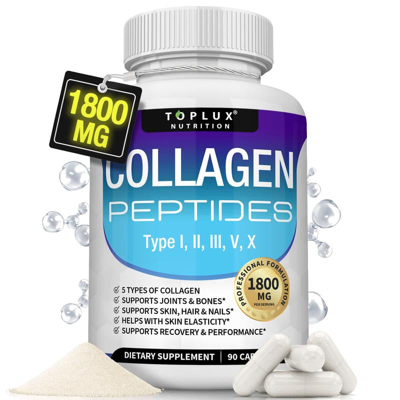 Toplux Collagen Peptides 5 Types of Collagen Complex 1800Mg US Made Dietary Supplement for Health Beauty Fitness