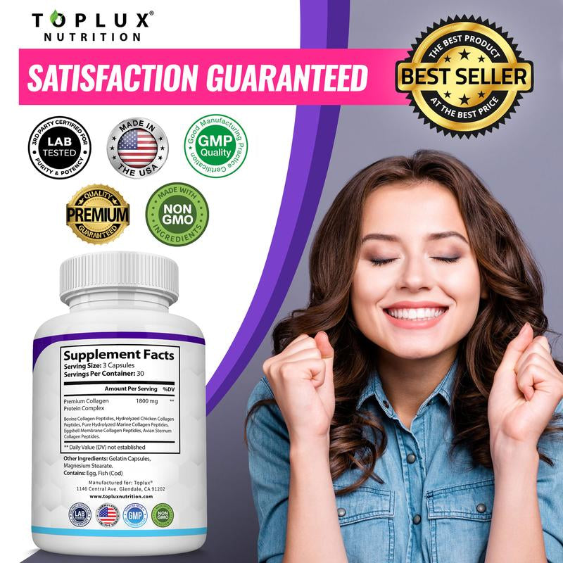 Toplux Collagen Peptides 5 Types of Collagen Complex 1800Mg US Made Dietary Supplement for Health Beauty Fitness