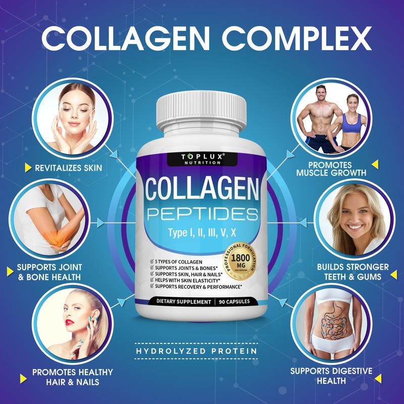 Toplux Collagen Peptides 5 Types of Collagen Complex 1800Mg US Made Dietary Supplement for Health Beauty Fitness