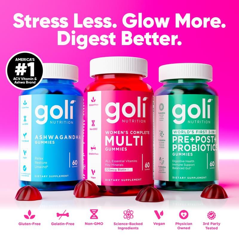 Stress Less, Glow More, Digest Better Bundle - World'S First 3-In-1 Pre, Post, Probiotic, Women'S Complete Multi All 13 Essential Vitamins, Ashwagandha & Vitamin D Gummies, Vegan, Non-Gmo & Gelatin-Free